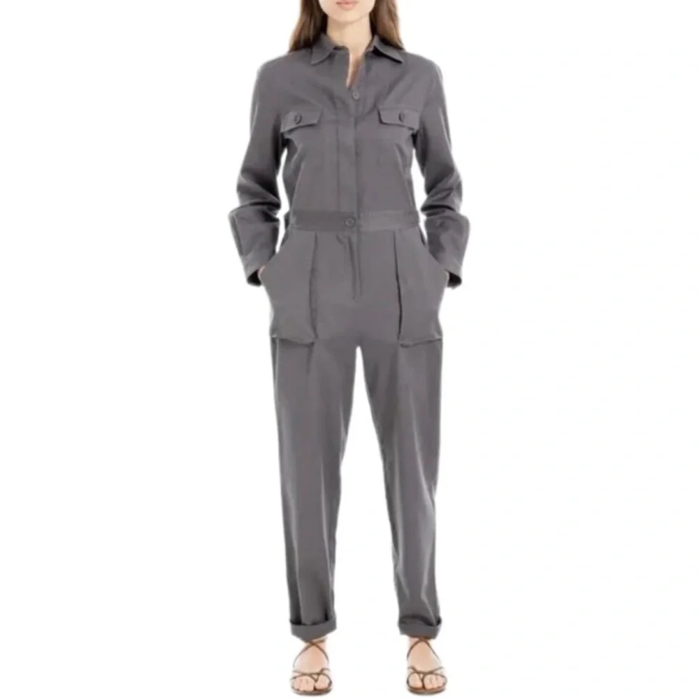 Max Studio Women's Charcoal Gray Long Tab Sleeve Utility Jumpsuit Jumper S